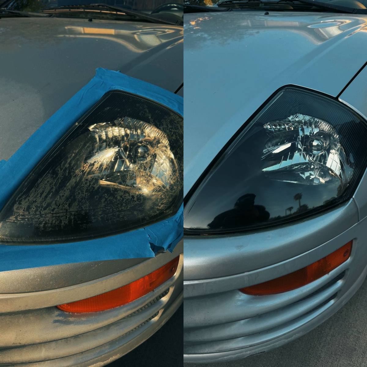 Mitsubishi Eclipse headlight. Oxidized, peeling lens restored to clear