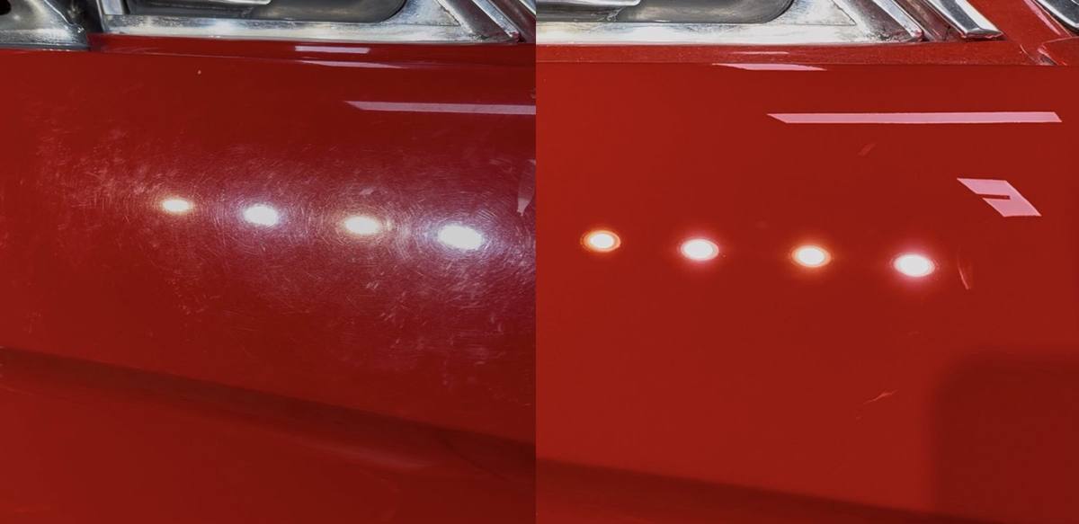 1966 Mustang fastback, swirl removal. Before and after paint correction, shown under inspection lights