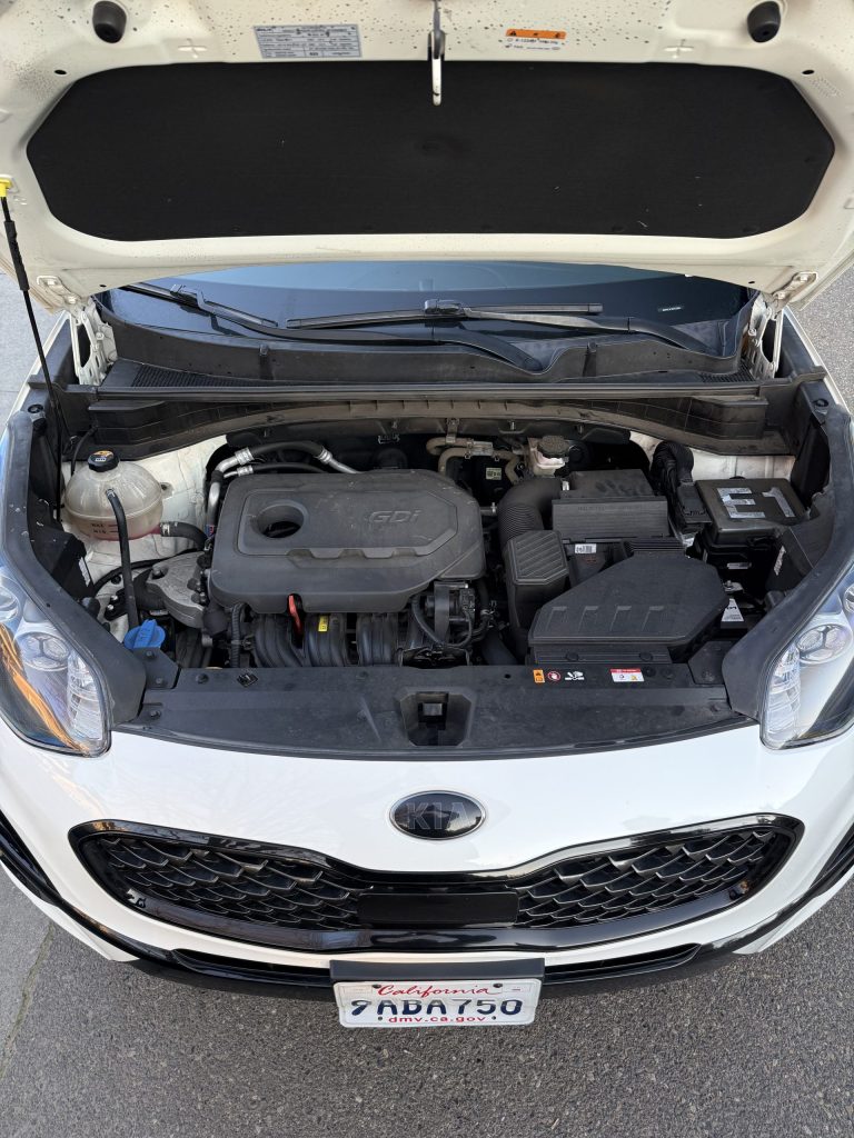 Before engine bay cleaning, showing dust and buildup